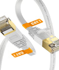 Cat7 10ft Flat Ethernet Cable Shielded With Ground Wire And Gold Plated RJ45 For Router TV Xbox PS5 PS4 NAS Ultra Slim White Patch Cord Up To 600MHz And 10Gbps High Speed Network Connection showing gold connectors and flat design