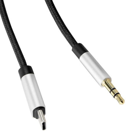 Close-up of Three In One Beefed Up Shielded One Eighth Inch To Dual Quarter Inch TS Audio Y Cable Aux And USB C Compatible cable ends.