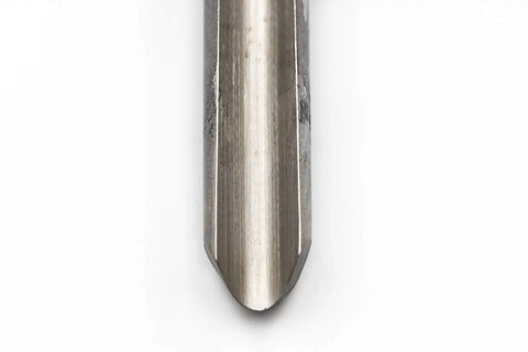 Close-up of M2 high speed steel blade of Rock Solid 5/8 Inch Bowl Gouge Woodturning Lathe Chisel, showing cutting edge detail.