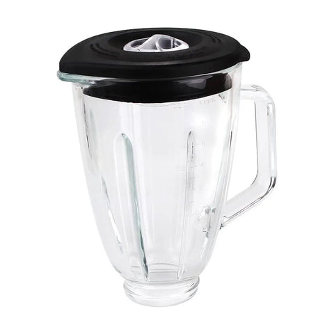 Clear 6-Cup Glass Jar Replacement for Oster Blenders with black lid and handle, compatible with popular Oster models