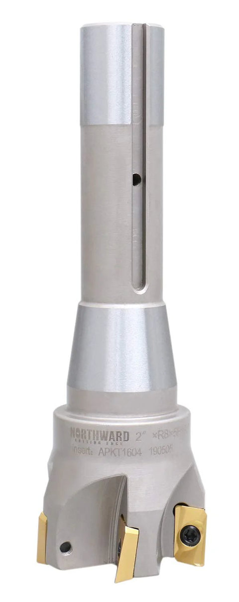 Indexable end mill with R8 shank, 2 in diameter, 6-1/8 in overall length, five APKT1604 carbide inserts