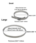Small and large metal ear clamps with diameter adjustment ranges, showing dimensions. Part of Heavy Duty Ear Clamp Pliers Kit With 12 Piece CV Boot Clamp Set For Auto ATV UTV Single Ear Clamps Band Style Pincer Crimp Hand Tool For CV Joint Axle Boot Clamp Installation And Replacement.