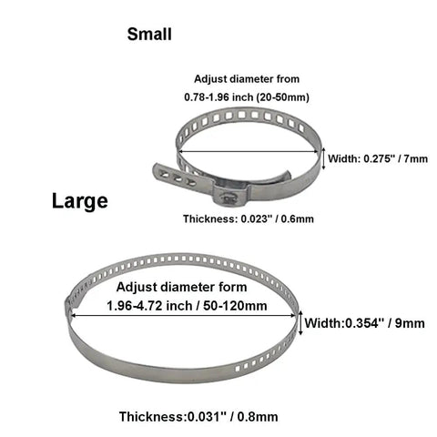 Small and large metal ear clamps with diameter adjustment ranges, showing dimensions. Part of Heavy Duty Ear Clamp Pliers Kit With 12 Piece CV Boot Clamp Set For Auto ATV UTV Single Ear Clamps Band Style Pincer Crimp Hand Tool For CV Joint Axle Boot Clamp Installation And Replacement.