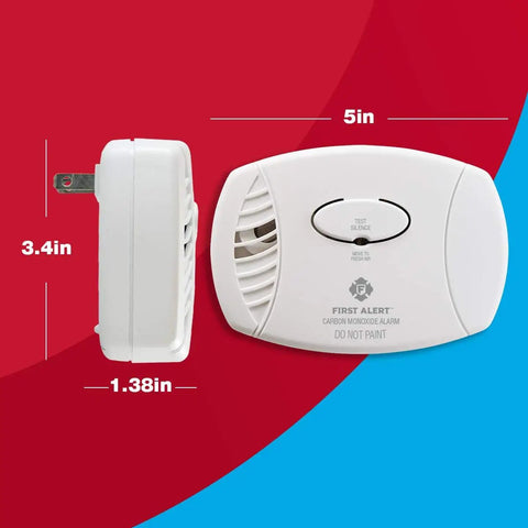 Carbon Monoxide Detector Plug In Alarm With Battery Backup CO606 White 1 Pack, front and side view dimensions 5x3.4x1.38 inches