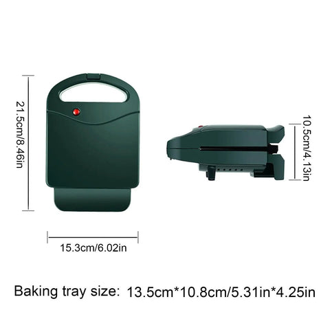 Compact Electric Sandwich Maker and Grill Press For Perfect Grilled Cheese, dimensions shown, perfect for quick meals.