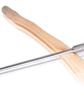 Straight Fire Heavy Duty Tungsten Carbide Burr Featuring An Extra Long Six Inch Shank And Double Cut Heads on a wooden handle.