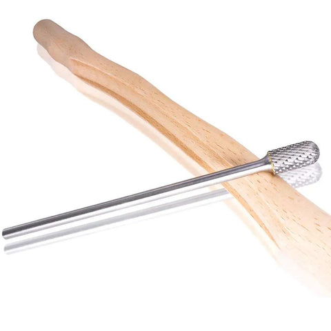 Straight Fire Heavy Duty Tungsten Carbide Burr Featuring An Extra Long Six Inch Shank And Double Cut Heads on a wooden handle.