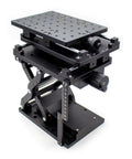 Premium XYZ Manual Translation Stage Rock Solid Platform For Laser Marking And Precision Alignment Featuring Smooth Sliding Axes, angled view showing black anodized frame and adjustment knobs.