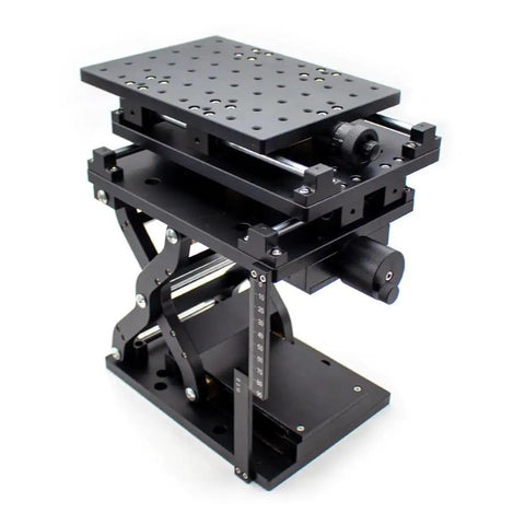 Premium XYZ Manual Translation Stage Rock Solid Platform For Laser Marking And Precision Alignment Featuring Smooth Sliding Axes, angled view showing black anodized frame and adjustment knobs.