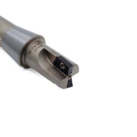 Beefy Indexable End Mill With R8 Shank One Inch Cutting Diameter Five And Twenty Seven Thirty Second Inch Overall Length Ninety Degree Right Hand Cut Two Flutes Carbide Insert Ready AP16 Nickel Plated Includes Two APKT1604 Carbide Inserts