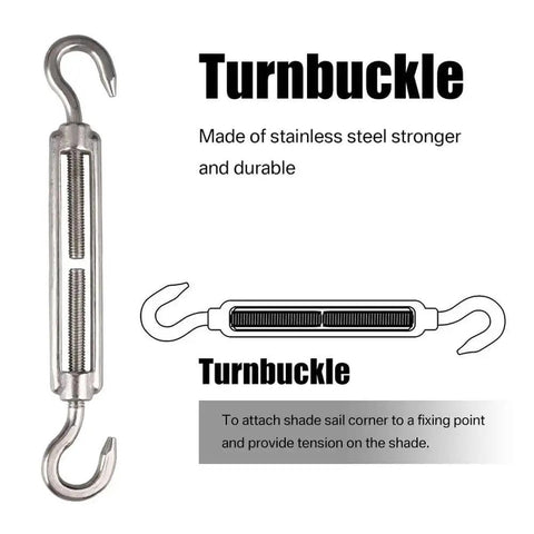Rugged 304 Stainless Steel Sun Shade Sail Hardware Kit With 4 Turnbuckle Hooks And 16 Screws Plus Expansion Tubes For Canopy Tent Awning Install M6 turnbuckle hook shown in stainless steel for shade sail tension