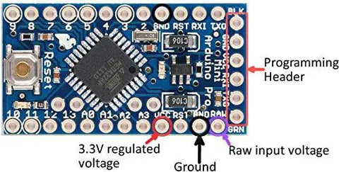 Top view of 3.3V 8MHz Pro Mini ATmega328 Development Board For Arduino With No USB On Board, showing programming and voltage connections.