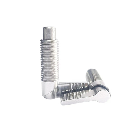 Heavy Duty Stainless Steel Spring Plunger Pin Featuring Slick Ergonomic L Shaped Indexing Handle And Smooth Retractable M12 Locking Mechanism, close-up view.