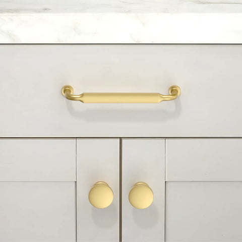 Crisp Brushed Gold Cabinet Pulls, 5 Inch Drawer Handles Forged From Hefty Zinc Alloy on a modern cabinet.