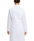 Rear view of Contemporary Fit Women's 37 Inch Twill Fitted Lab Coat with Notched Lapels and Button Front in White, showing waist detail.