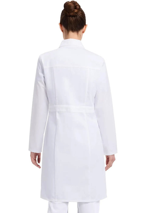 Rear view of Contemporary Fit Women's 37 Inch Twill Fitted Lab Coat with Notched Lapels and Button Front in White, showing waist detail.