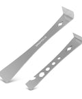 Two Piece Stainless Steel Pry Bar Set Built Tough For Demolition Includes Flat Pry Bar Nine And A Half Inches Long And Mini Crowbar Six And Eleven Sixteenths Inches Long With Socket Wrench Bottle Opener Nail Puller Scraper And Baseboard Removal Tool displayed on white background