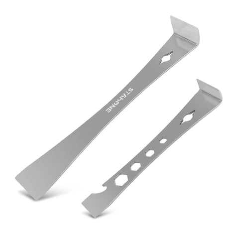 Two Piece Stainless Steel Pry Bar Set Built Tough For Demolition Includes Flat Pry Bar Nine And A Half Inches Long And Mini Crowbar Six And Eleven Sixteenths Inches Long With Socket Wrench Bottle Opener Nail Puller Scraper And Baseboard Removal Tool displayed on white background