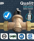 Front view of Zurn Wilkins NR3XL 3/4 in pressure reducing valve with bronze body and double union FNPT connections