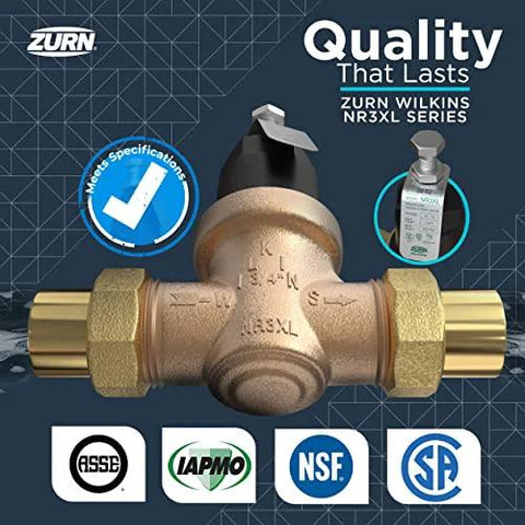Zurn Wilkins 114-NR3XLDU 1-1/4 inch NR3XL pressure reducing valve with double union FNPT connections, brass body.
