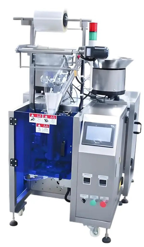 Fully Automatic Horizontal Sachet Coffee And Tea Bag Cartoning Machine With Precision Vibration Plate Feeder For High Speed, Counting Irregular Items In Manufacturing And Packaging Lines Smooth Operation, side view showing features and controls.