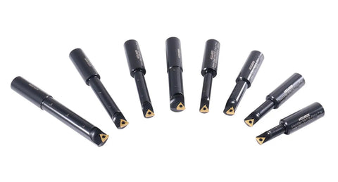 Beefy Round Shank Indexable Boring Bar 3/4 Inch with TCMT inserts, angled view showing 8-piece set for lathe machining