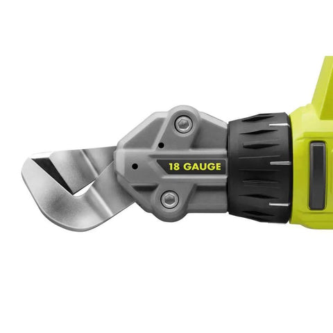 18V 18-Gauge Offset Shear Tool Only P591 for Fast Sheet Metal Cuts, vinyl siding, and shingles, close-up of cutting blades