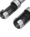 Close-up of Heavy Duty 8 Piece Carbon Steel Wood Plug Drill Bit Set With Hella Sharp Spiral Hole Cutters, showing two detailed bits.