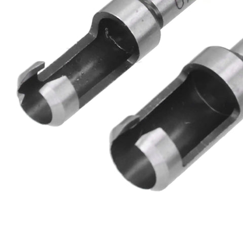 Close-up of Heavy Duty 8 Piece Carbon Steel Wood Plug Drill Bit Set With Hella Sharp Spiral Hole Cutters, showing two detailed bits.