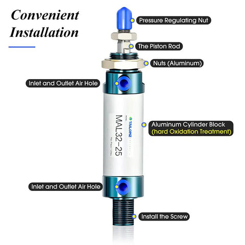 Diagram of Pneumatic 32mm Bore Air Cylinder With 25mm Stroke Double Acting Aluminum Body Port Size One Eighth Inch Includes Y Connector.