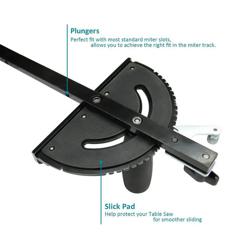 Universal Table Saw Miter Gauge Assembly with heavy duty steel build and precision sliding block in close-up view.