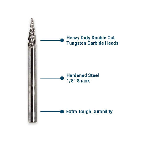 One Eighth Inch Pointed Cone Tungsten Carbide Die Grinder Bits Double Cut Pro Grade Heavy Duty For Woodworking Metal Deburring Engraving Shaping And Carving With One Eighth Inch Shaft Rotary Burr showing heavy duty double cut tungsten carbide heads, hardened steel 1/8 inch shank, extra tough durability