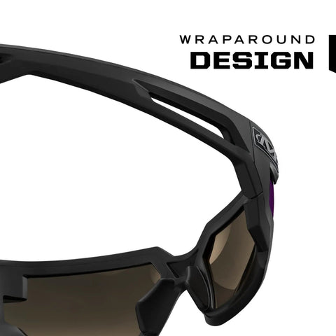 Side view of Vision Type X Safety Glasses with blue mirror lens, anti fog coating, lightweight frame, and ventilated temples.