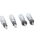 Four 0 To 13mm Flat Type Micrometer Head with 0.01mm Accuracy, precision measuring tool, metal construction, side view.