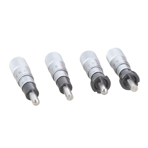 Four 0 To 13mm Flat Type Micrometer Head with 0.01mm Accuracy, precision measuring tool, metal construction, side view.