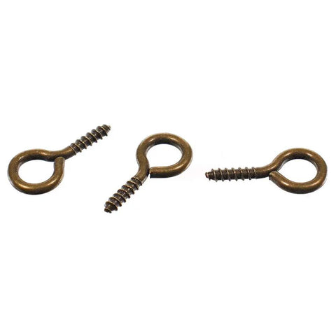 Kickass 14mm Screw Eye Hooks Hella Durable For Jewelry Making And Arts And Crafts Projects Hanging Cord Twine And DIY Home Decor Supplies Bronze Silver Gold Color Bulk Pack showing bronze zinc alloy screw eye hooks.