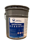 Straight Up Heavy Duty Liquid Butyl Rubber Roof Coating Featuring Zero Hassle Waterproof Sealing One Coat Application Bonding Like Crazy To Nearly Every Surface In A Top Tier Five Gallon White Bucket in gray container.