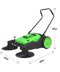 Heavy Duty 43 Inch Industrial Walk Behind Push Floor And Lawn Sweeper with dual brushes for efficient debris cleaning.