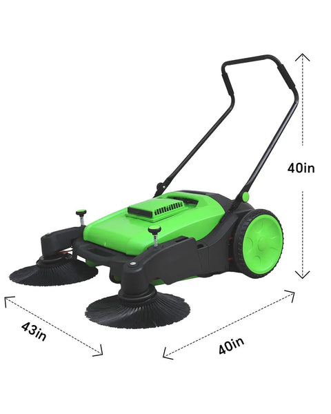 Heavy Duty 43 Inch Industrial Walk Behind Push Floor And Lawn Sweeper with dual brushes for efficient debris cleaning.
