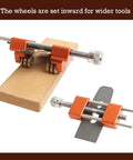 Honing Guide Sharpening Jig For Chisels And Planes With Reversible Wheel Mounting For Precise Honing, tool setup on bench