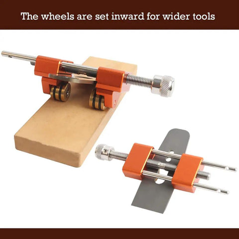 Honing Guide Sharpening Jig For Chisels And Planes With Reversible Wheel Mounting For Precise Honing, tool setup on bench