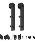 Heavy Duty Sliding Barn Door Roller Hanger With Anti Jumper Stopper Floor Guide And Accessories, black finish, front view