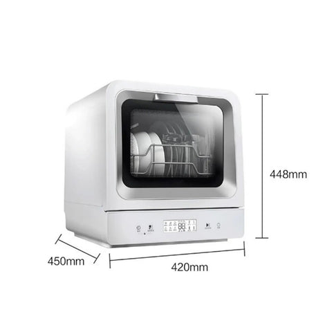 Sleek Countertop Dishwasher Straight Up Game Changer For Kitchens features compact design with visible dishes, dimensions 450mm x 420mm x 448mm.