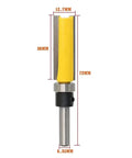 Premium One Piece Flush Trim Router Bit With 1/4 Inch Shank Bearing, 12.7mm wide, for woodworking and template trimming.