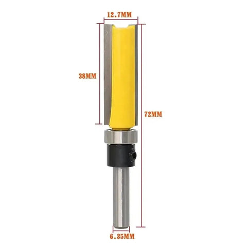 Premium One Piece Flush Trim Router Bit With 1/4 Inch Shank Bearing, 12.7mm wide, for woodworking and template trimming.