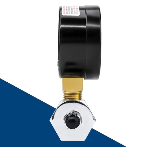 Side view of SENCTRL gas pressure test gauge, 0–100 psi, 2-in dial, 3/4-in FNPT brass connection, chrome-plated steel body