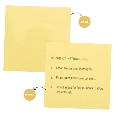 Instructions for Heavy Duty Repair Tape Patch Kit For Inflatable Tents Pools Air Mattresses And Vinyl Seals Quick Leak Fix.