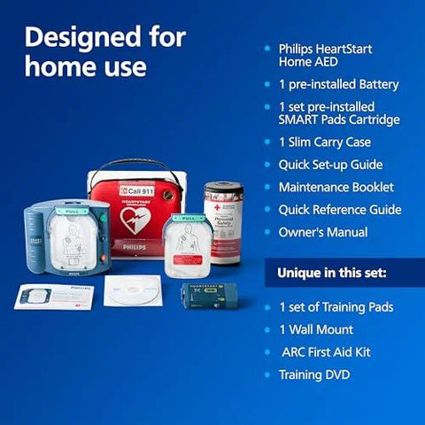 Philips HeartStart Home AED Defibrillator value package M5068A-C04 with carry case, batteries, pads, training DVD.