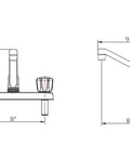 Diagram of RV Kitchen Sink Faucet With Crystal Acrylic Knobs High Grade Plastic Construction and Long Reach Spout measurements.