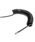 Heavy Duty Flexible Polyurethane Recoil Air Hose Featuring Automatic Snap Back Retrieval And Rock Solid Kink Resistant Build For Hassle Free High Flow Pneumatic Air Delivery In Any Workshop Setup, coiled design with metal connectors.